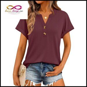 Short Sleeve V Neck Henley Blouse Flowy Tunic Casual Dressy Top